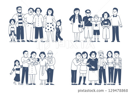 Doodle family characters. Different groups of families, children parents grandparents. Outline modern people in casual outfits, parenthood, recent vector scenes Doodle family characters. Different groups of families, children parents grandparents. Outline modern people in casual outfits, parenthood, recent vector scenes 129478868