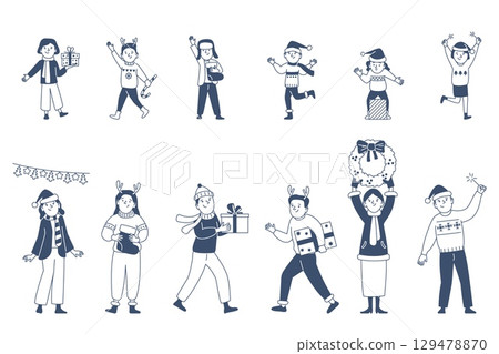 Happy christmas party people. Adults children celebrating winter holidays, prepare gifts and decorations. New year doodle scenes, recent vector set Happy christmas party people. Adults children celebrating winter holidays, prepare gifts and decorations. New year doodle scenes, recent vector set 129478870