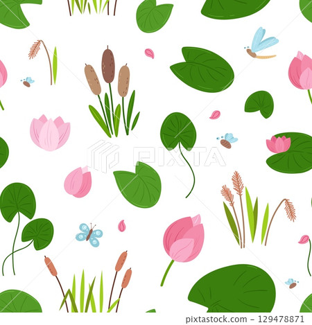 Marsh plants seamless pattern. Green leaves and lily flowers, dragonfly butterfly and fly. Insects and plant, nature print template, decorative vector background 129478871