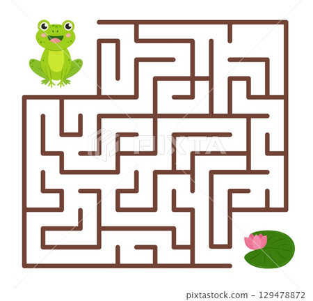 Help frog find right path to water lily leaf. Cute green cartoon frog. Interesting educational play with maze, labyrinth game for kid development vector design Help frog find right path to water lily leaf. Cute green cartoon frog. Interesting educational play with maze, labyrinth game for kid development vector design 129478872