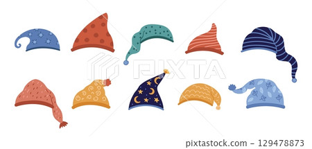 Gnomes hats collection. Different dwarves head accessories. Isolated dwarf hat for sleep various design. Cartoon nightcaps, vector clipart 129478873