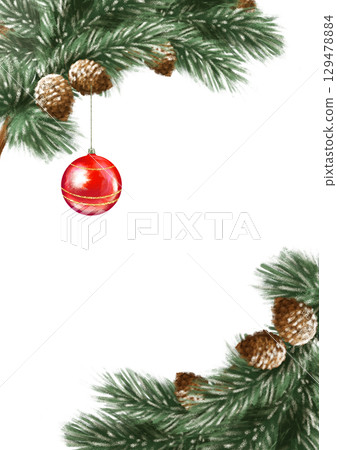 Hand-drawn illustration of a green pine branch with a red Christmas ornament and pinecones. Ideal for holiday decor, cards, or wrapping paper, adding a festive touch. 129478884