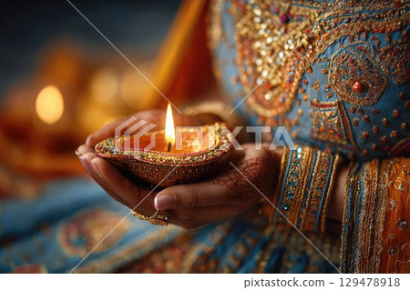 Close up of hands of woman holding decorative diya lamp dressed in ornate traditional Hindu clothing celebrating Diwali with vibrant colours and intricate details. Close up of hands of woman holding decorative diya lamp dressed in ornate traditional Hindu clothing celebrating Diwali with vibrant colours and intricate details. 129478918
