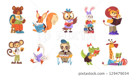 Animals read book. Animal readers baby cute forest smart characters, zoo read fairy tale books or study education school textbook literature cartoon set classy vector illustration 129479034