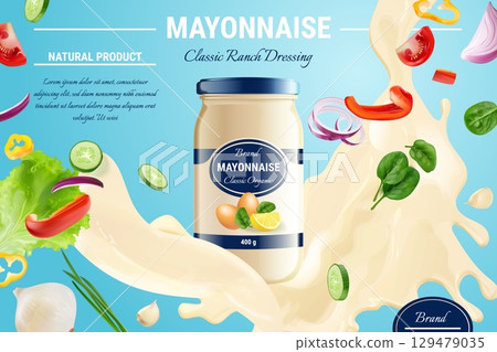 Mayonnaise ad. Realistic mayo bottle jar, sauce splash flying vegetables salad dressing brand product advertising promo banner design cream yogurt sauces, exact vector illustration 129479035