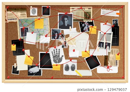 Realistic detective board. True crime investigate, corkboard with pin red threads string on wall criminal police clues evidence spy pinboard paper notes, exact vector illustration 129479037