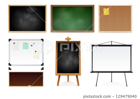 Realistic school boards. Chalk board on wall, office flip chart for presentation chalkboard whiteboard blackboard modern flipchart paint message, 3d set exact vector illustration Realistic school boards. Chalk board on wall, office flip chart for presentation chalkboard whiteboard blackboard modern flipchart paint message, 3d set exact vector illustration 129479040