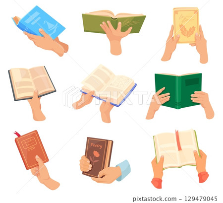 Hands holding books. Reader hold book, arm give or read open closed textbook school study reading education home library concept paper literature, cartoon neat vector illustration Hands holding books. Reader hold book, arm give or read open closed textbook school study reading education home library concept paper literature, cartoon neat vector illustration 129479045