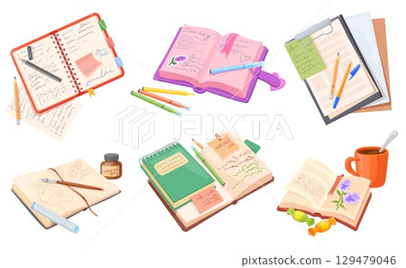 Cartoon diary notebooks. Paper books, calendar notebook with pen open notepad schedule planner journal plan list pencil school study office table write set neat vector illustration 129479046