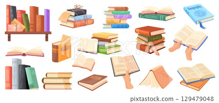 Cartoon books stack. Book pile reading, school education study open textbook paper notebook bookstore or home library literature bookshelf read storybook, neat vector illustration 129479048