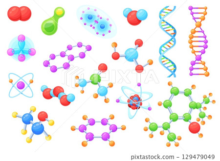 Cartoon molecules structure. Connected molecule, chemical particles molecular cell atom chemistry physics biology dna biotechnology science research set, neat vector illustration 129479049