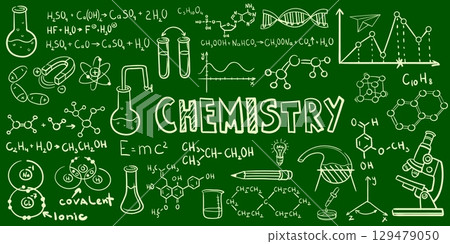 Chemist school board. Chemical formula on blackboard, science pattern chalkboard school classroom blackboard lab experiment biology physic math equation, neat vector illustration Chemist school board. Chemical formula on blackboard, science pattern chalkboard school classroom blackboard lab experiment biology physic math equation, neat vector illustration 129479050