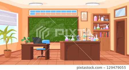 Chemical lab room. Chemistry school classroom cartoon interior, science research experiment desk medical laboratory tools table biology medicine education, neat vector illustration Chemical lab room. Chemistry school classroom cartoon interior, science research experiment desk medical laboratory tools table biology medicine education, neat vector illustration 129479055
