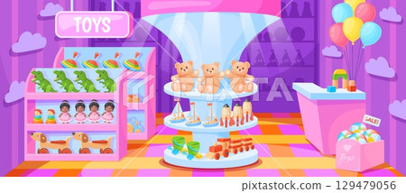 Cartoon toy store. Kids shop toys on shelves, toyshop supermarket cartoon interior background children gift bear doll shelf inside mall child game puppet, neat vector illustration Cartoon toy store. Kids shop toys on shelves, toyshop supermarket cartoon interior background children gift bear doll shelf inside mall child game puppet, neat vector illustration 129479056
