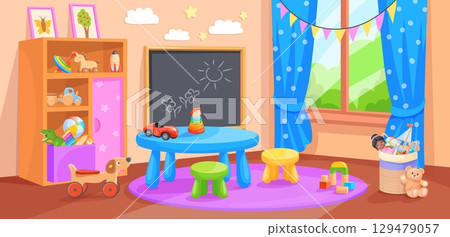 Children room with toys. Kid kindergarten classroom cartoon interior, child toy nursery playroom preschool school kids game table inside playground class, neat vector illustration Children room with toys. Kid kindergarten classroom cartoon interior, child toy nursery playroom preschool school kids game table inside playground class, neat vector illustration 129479057