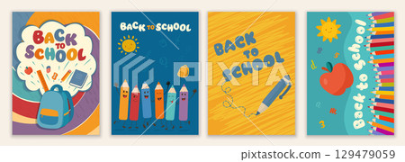 Colorful back to school poster set with cute pencil characters and cheerful classroom elements 129479059