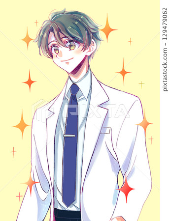 A refreshing man wearing a white coat, tie, black hair, sparkling 129479062