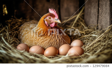 Brown hen sitting in a straw nest surrounded by fresh eggs inside a rustic wooden coop, symbolizing farming and egg production 129479084