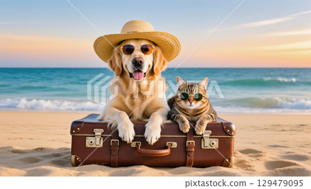 Dog and cat wearing sunglasses relaxing on a suitcase at the beach during sunset vacation 129479095