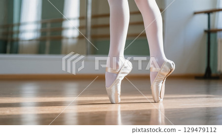 Ballet dancer standing en pointe in light pink shoes on wooden studio floor 129479112