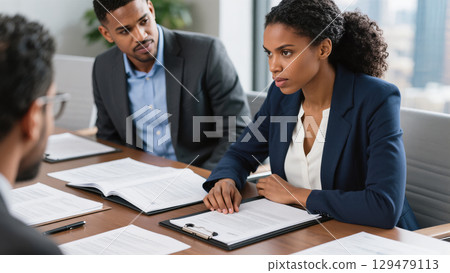 Serious businesswoman in meeting with colleagues reviewing documents at office table 129479113