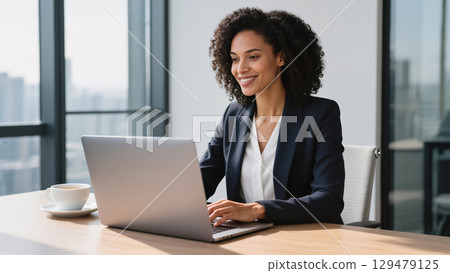 Smiling businesswoman working on laptop with coffee cup in modern office with city view 129479125