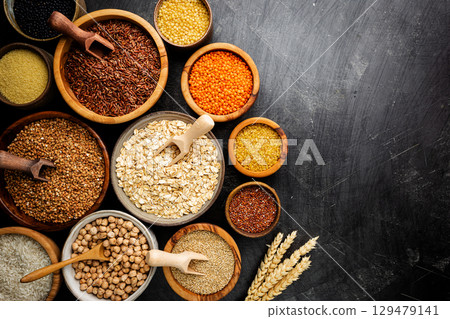 Bowls with different grains Bowls with different grains 129479141