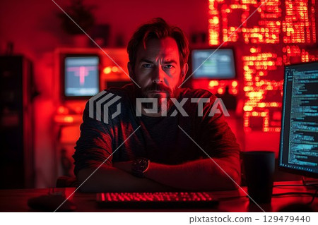 Focused programmer in a dim red room full of...-插圖素材 [129479440] - PIXTA圖庫