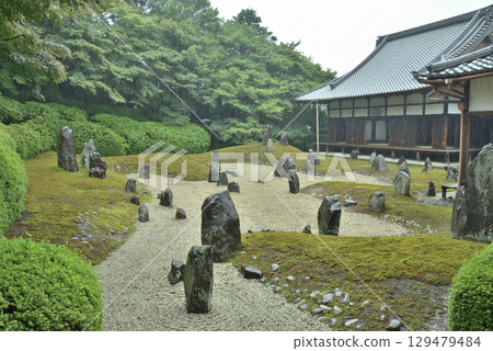 Kyoto Zen garden in the rain 129479484
