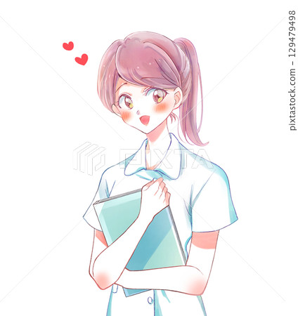 Nurse holding a book, ponytail, smile, love Nurse holding a book, ponytail, smile, love 129479498