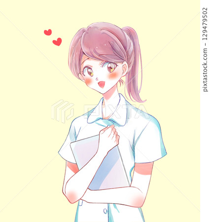 Nurse holding electronic medical record, ponytail, smile, love 129479502