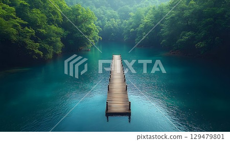 Picturesque wooden pier stretching across a crystal clear lake surrounded by nature 129479801