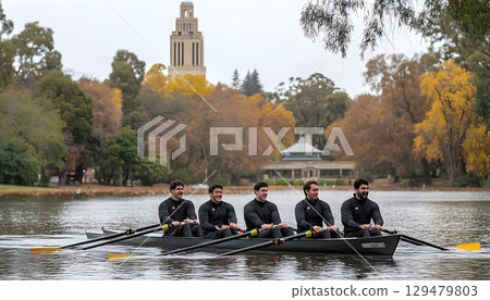 Collegiate rowing team glides across calm lake under autumn trees 129479803