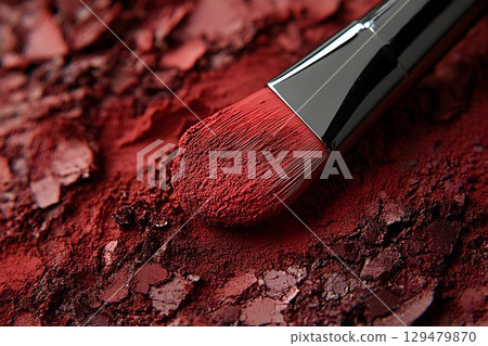 A close-up of a makeup brush with red pigment on the bristles and scattered powder 129479870