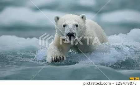 Polar Bear Swimming Among Ice Floes in Icy Waters, Arctic Wildlife Adventure Polar Bear Swimming Among Ice Floes in Icy Waters, Arctic Wildlife Adventure 129479873