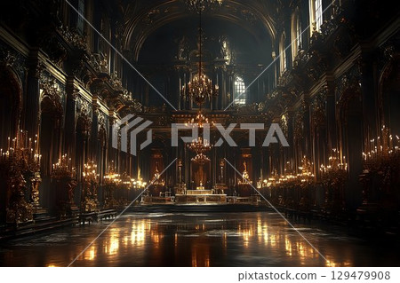 Grand interior showcasing baroque architecture with ornate gold decorations 129479908