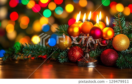 Celebratory ambiance with ornamented candles, pine branches and bokeh background Celebratory ambiance with ornamented candles, pine branches and bokeh background 129479911