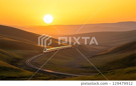 Panoramic Sunset Train Journey Through Rolling Hills Landscape 129479912