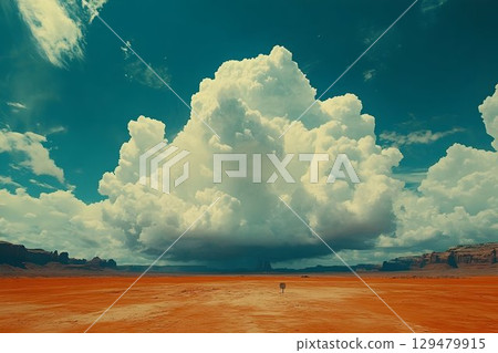 Expansive horizon with towering cumulonimbus cloudscape over arid desert 129479915