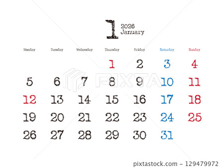 2026 年 1 月打字日曆,週一開始 2026 年 1 月打字日曆,週一開始 129479972