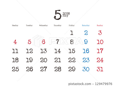 2026 年 5 月打字日曆,從星期一開始 2026 年 5 月打字日曆,從星期一開始 129479976