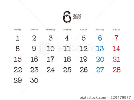 2026 年 6 月打字日曆，星期一開始 129479977
