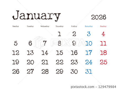 2026 年 1 月打字日曆，從星期一開始，無日本假期 129479984