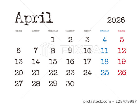 Typewritten calendar for April 2026, starts on Monday, no Japanese holidays 129479987