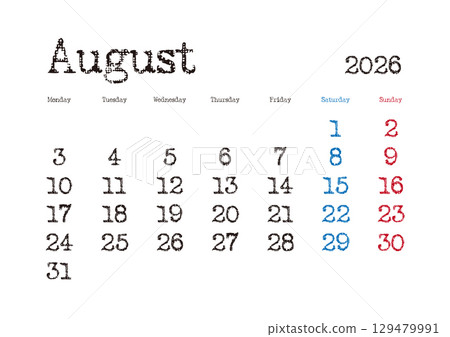 2026 年 8 月打字日曆，從星期一開始，無日本假期 129479991