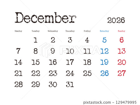 Typewritten calendar for December 2026, starting on Monday 129479995