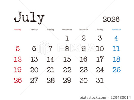 2026 年 7 月打字機日曆（週日開始） 129480014