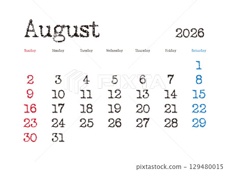 2026 年 8 月打字日曆（週日開始） - 無日本假日 129480015