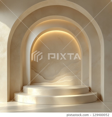 Elegant beige podium set against soft textured background, offering a perfect presentation area for ceremonies, speeches, or artistic displays, showcasing modern minimalist design 129480052
