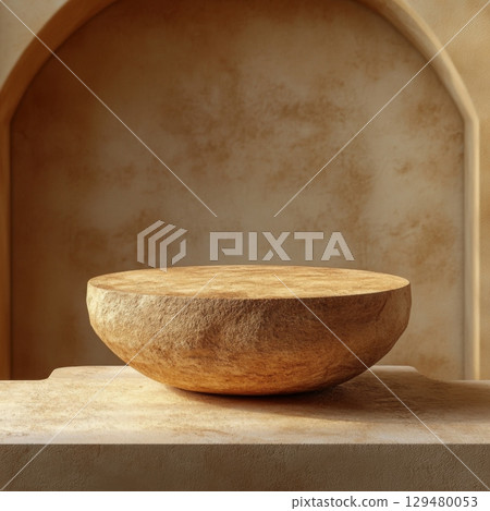 Beige background with podium showcasing minimalistic design elements crafted from natural materials for artistic presentation and decoration purposes in various settings 129480053